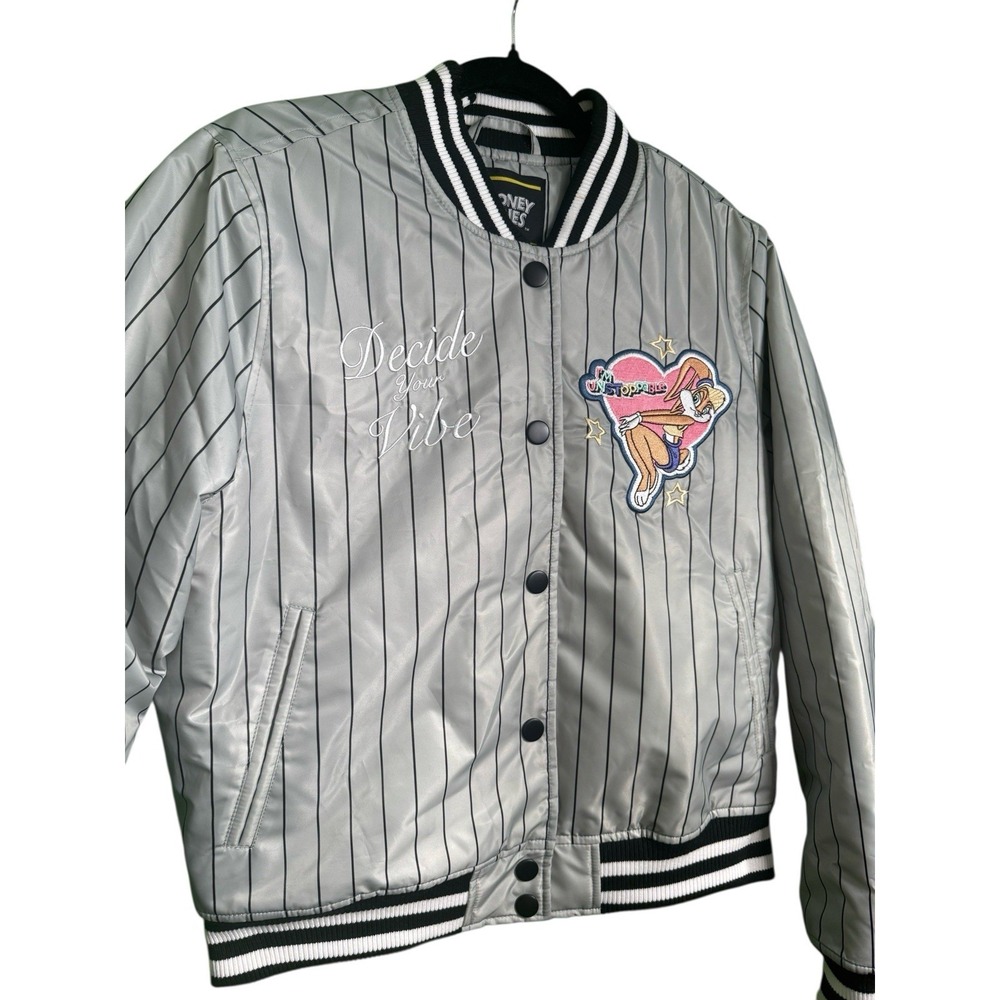 Looney Tunes Pinstripe Varsity "Decide Your Vibe" Women's Medium Bomber Jacket.